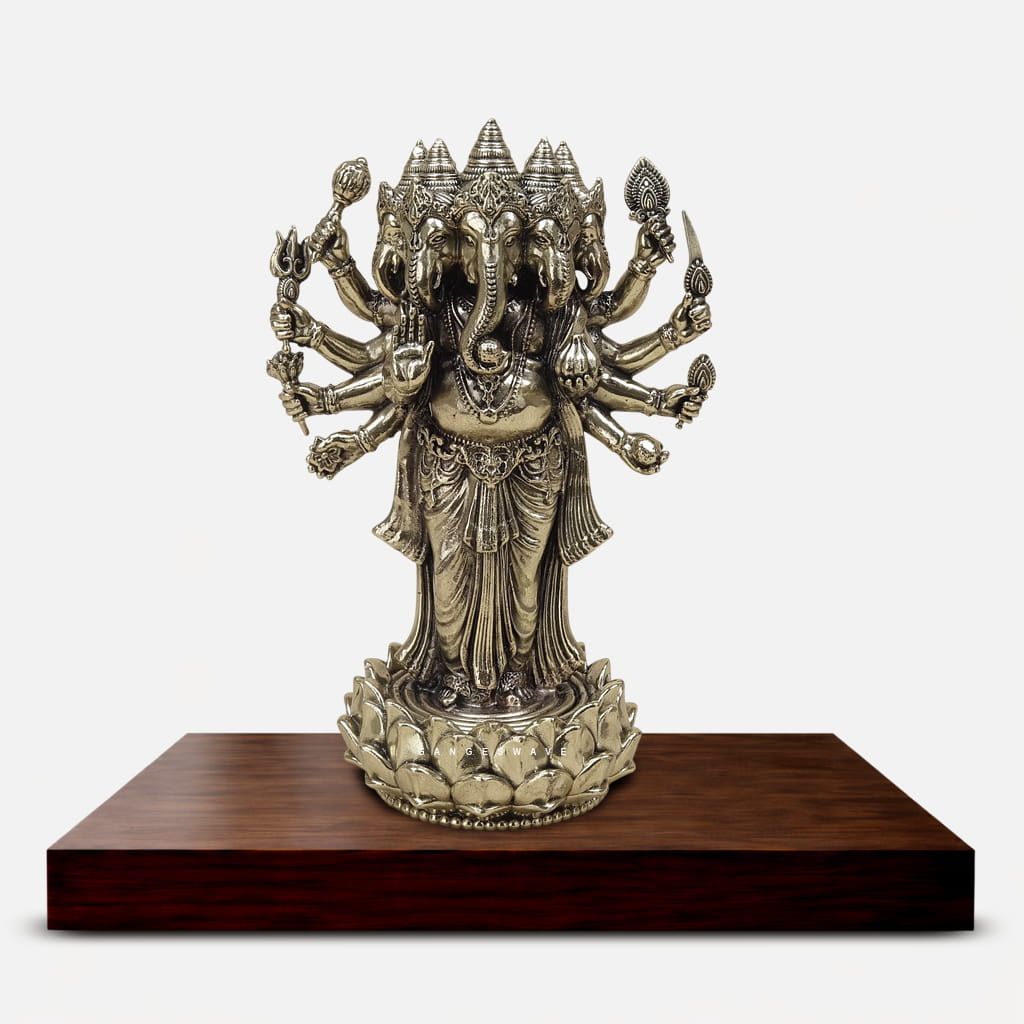Panchmukhi brass Ganesh murti with five faces, multiple arms and ornate lotus pedestal
