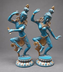 Shiv Parvati Dancing Brass Statue in Azure Blue Patina - 15 inches