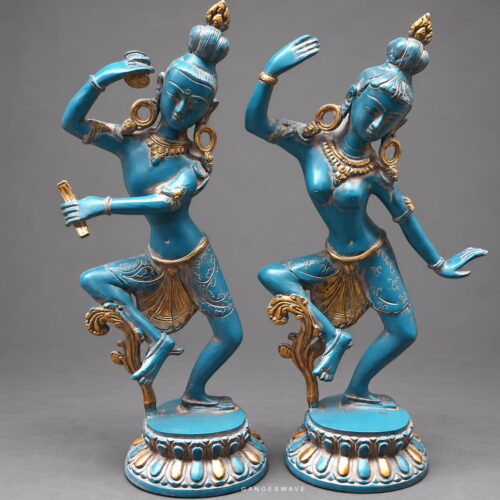 Shiv Parvati Dancing Brass Statue in Azure Blue Patina - 15 inches