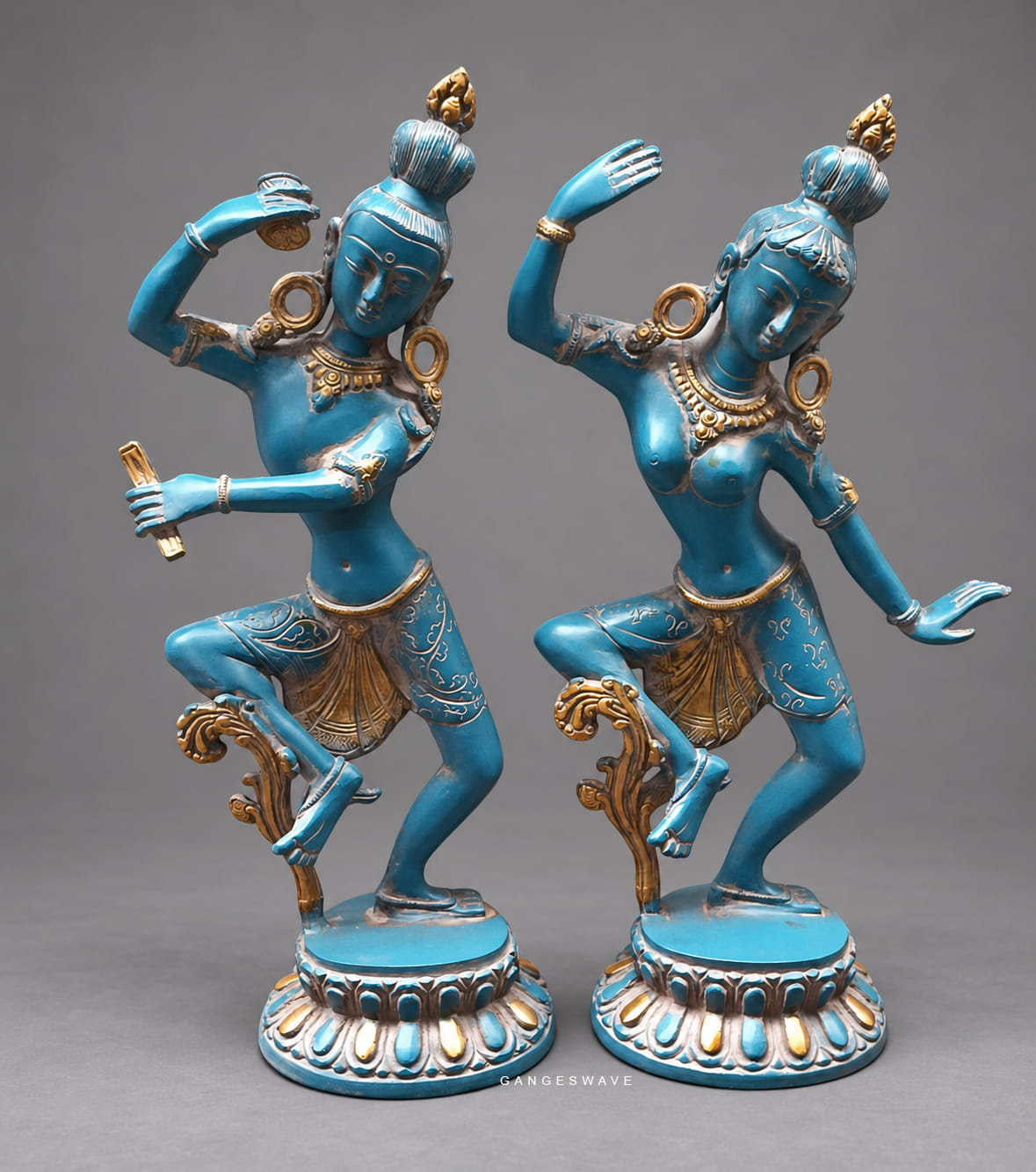 Shiv Parvati Dancing Brass Statue in Azure Blue Patina - 15 inches