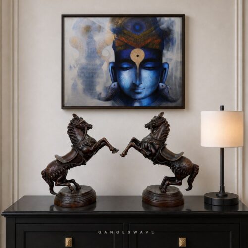 Pair of antique brass horse statues in rearing pose