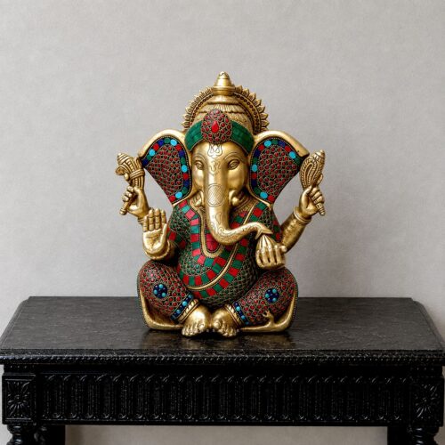 Brass Meenakari Ganesha idol with intricate stonework and colourful detailing