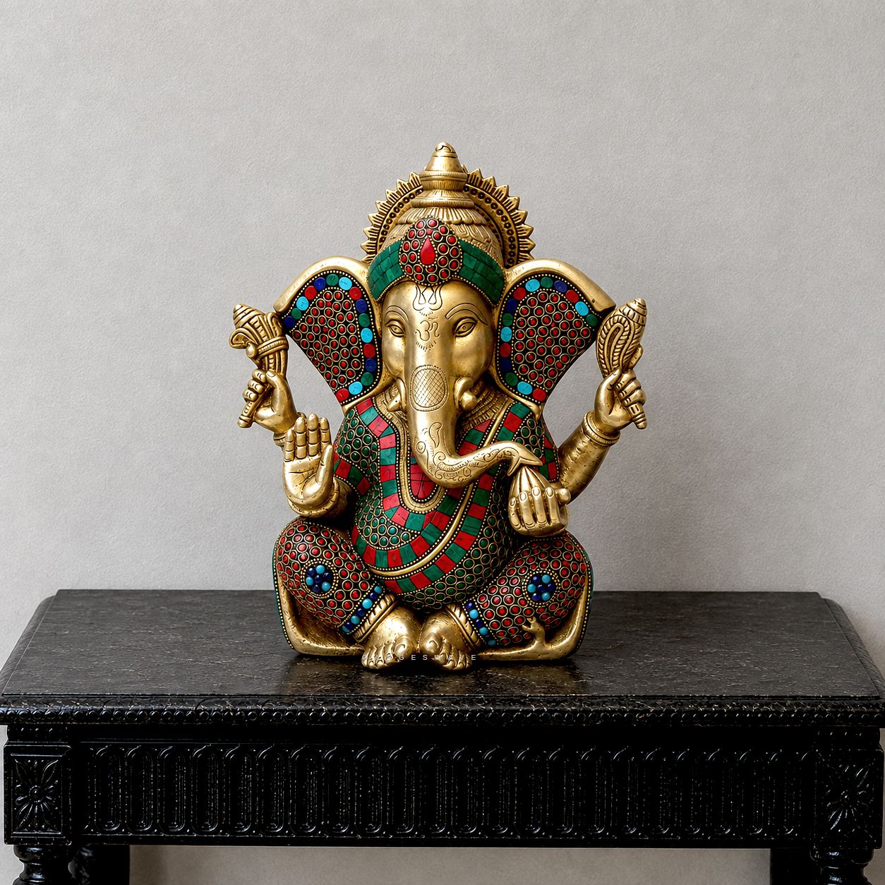 Brass Meenakari Ganesha idol with intricate stonework and colourful detailing