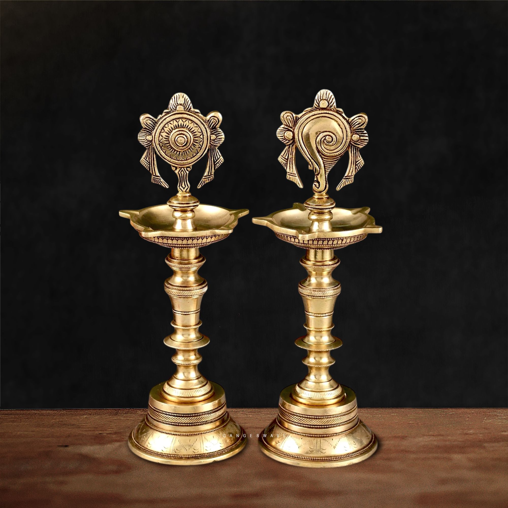 Sankha Chakra Brass Diya Vilakku - 12 inch