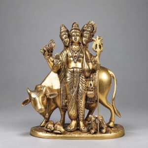 Handcrafted brass Dattatreya statue with three faces, cow and four dogs