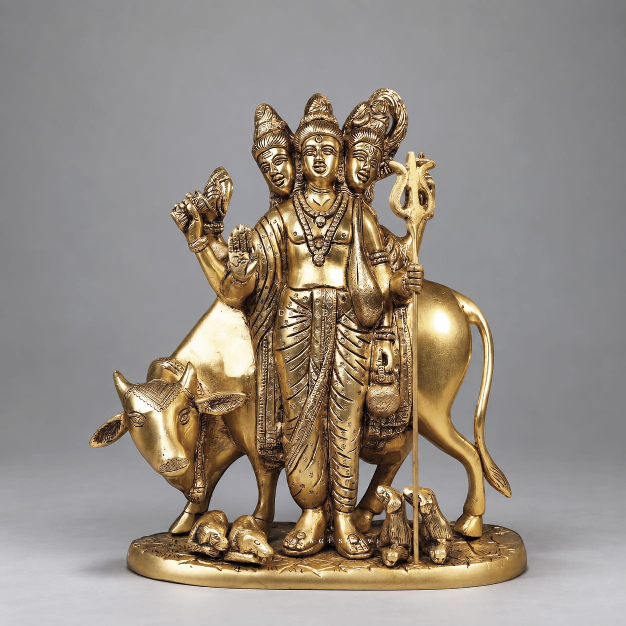 Handcrafted brass Dattatreya statue with three faces, cow and four dogs