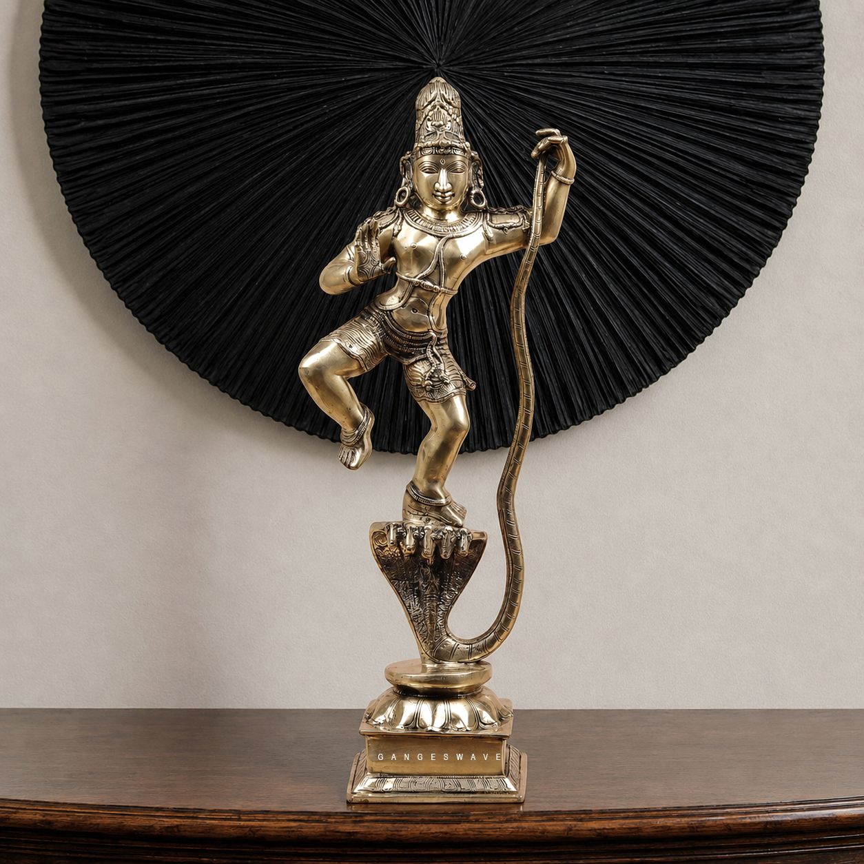 Kaliya Daman brass murti depicting Lord Krishna dancing over serpent Kaliya