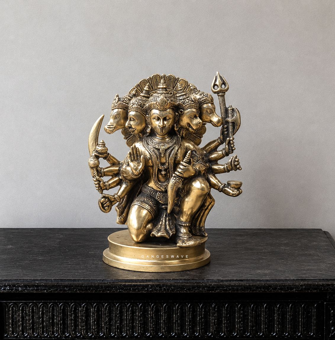 Panchmukhi Hanuman brass statue with five faces and intricate detailing