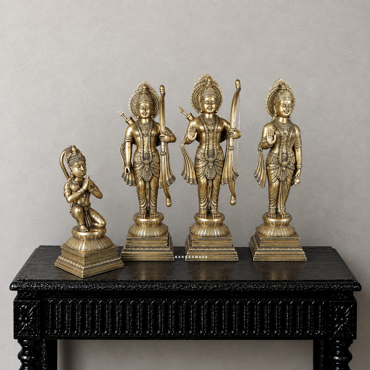 Premium handcrafted brass Ram Darbar statue featuring Rama, Sita, Lakshmana and Hanuman