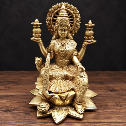 Superfine Crafted Brass Maa Lakshmi Statue with Lotus Base & Lamps - 11 inches