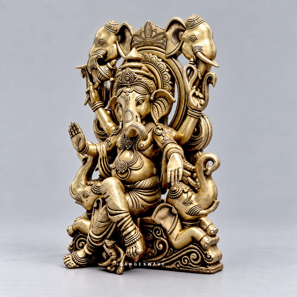 Brass Ganesha Seated on Elephant Throne - 18 inches - Image 2
