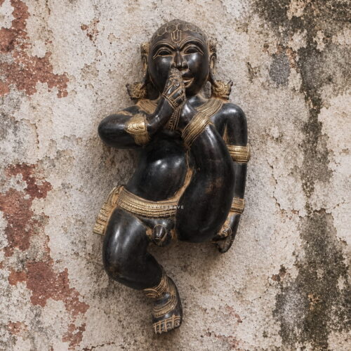 Brass Bal Krishna Statue Wall Hanging Black Patina - 11 inches