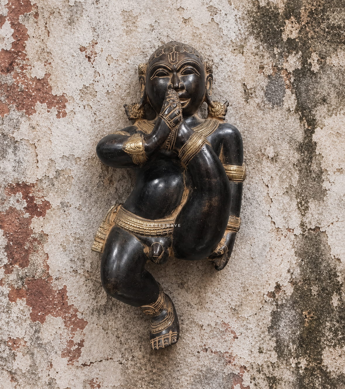 Brass Bal Krishna Statue Wall Hanging Black Patina - 11 inches