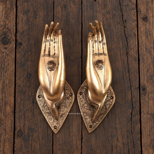 Brass Hand-Shaped Door Handles – Ornate Decorative Pair - 10.5 inches