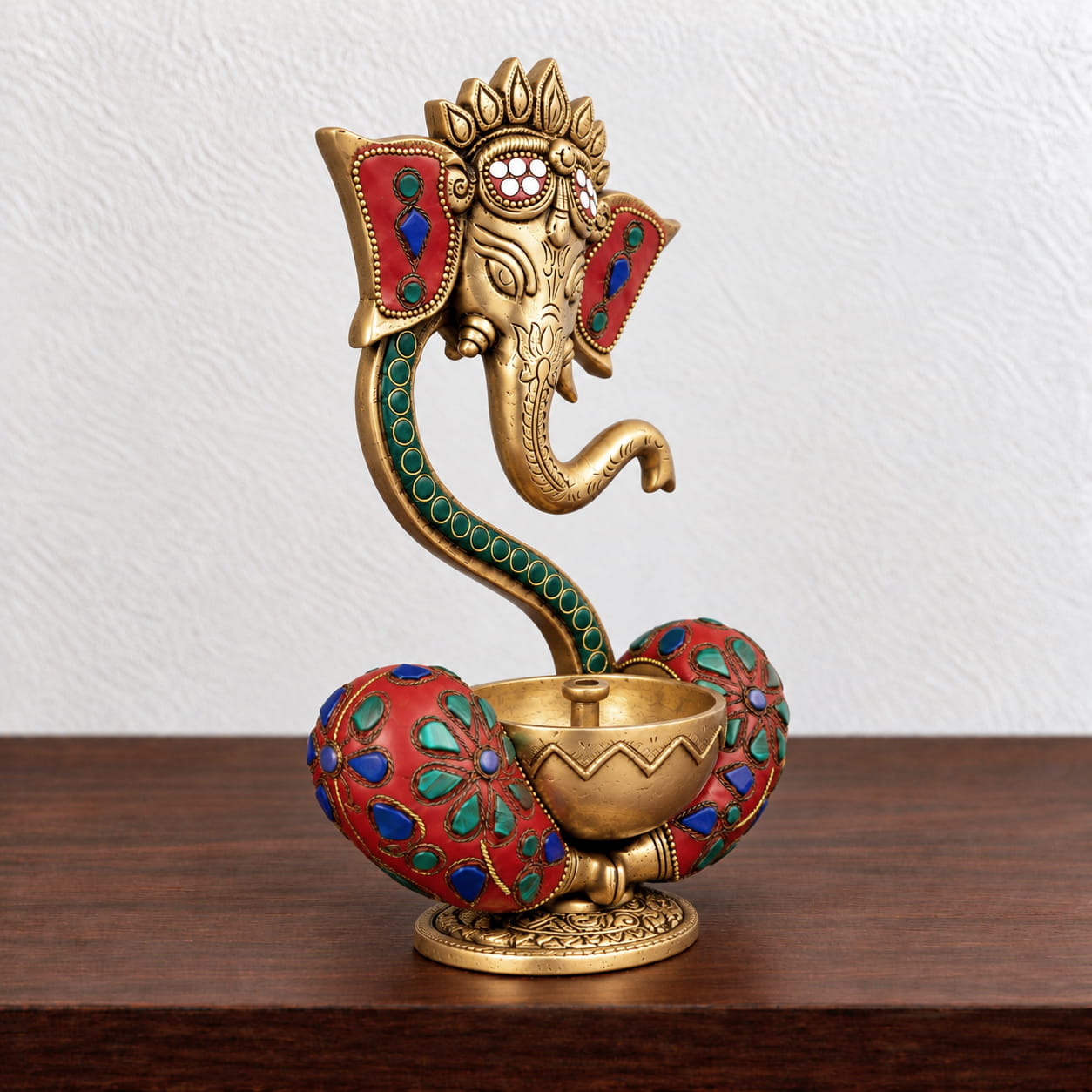Artistic Ganesh Brass Diya with Meenakari Work- 9 inches - Image 3