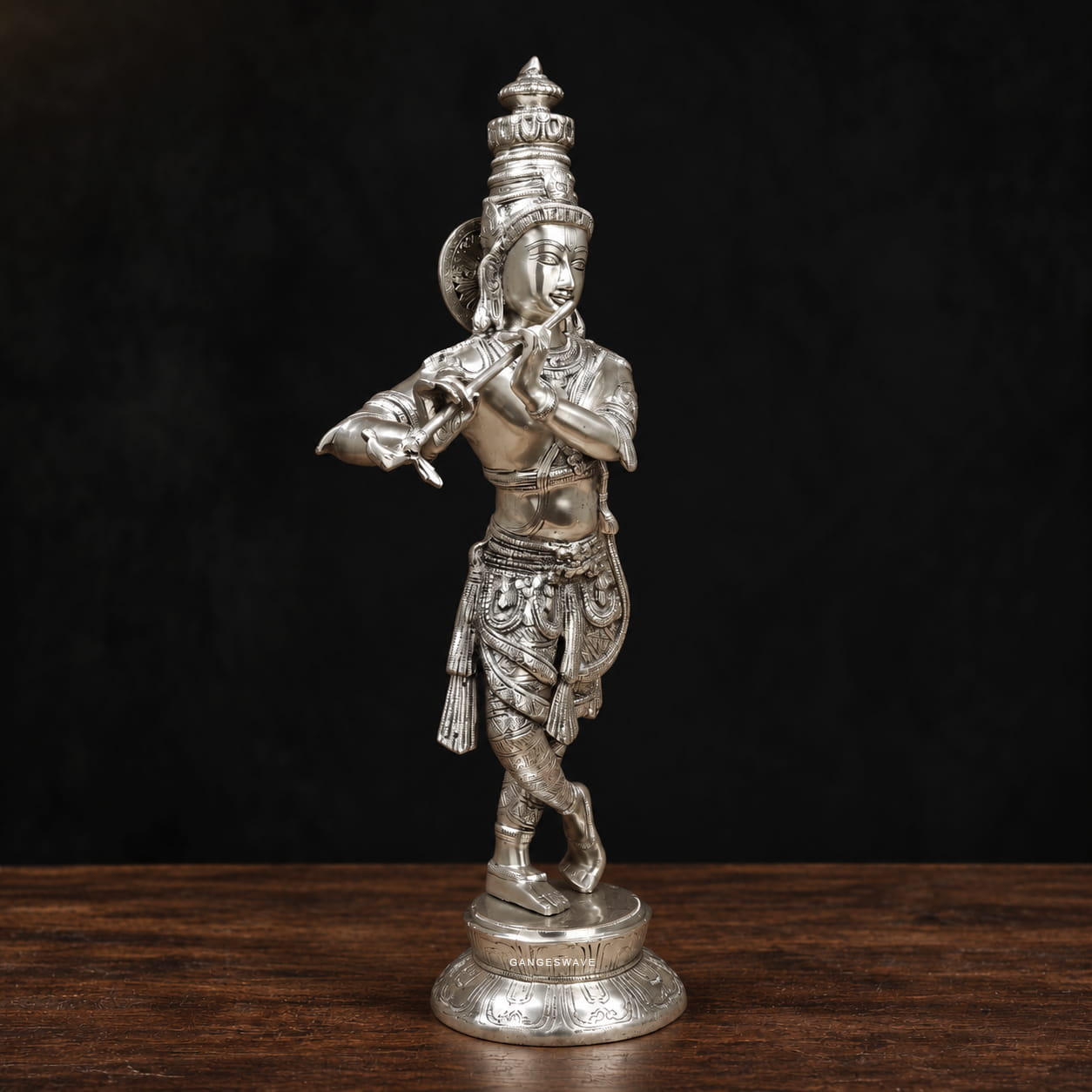 Silver-Plated Brass Krishna Statue Playing Flute - 23 inches - Image 3