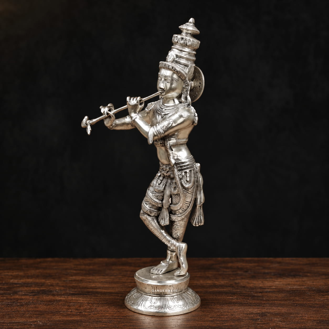 Silver-Plated Brass Krishna Statue Playing Flute - 23 inches - Image 2