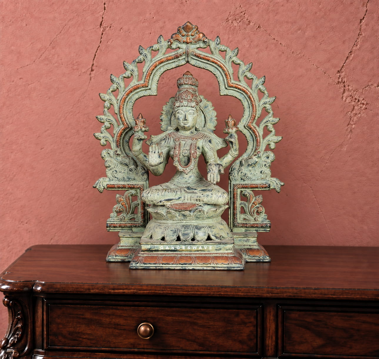 Antique Green Patina Brass Lakshmi Ganesha Statue Pair - 16 inches - Image 2