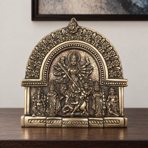 Brass Durga Family Panel with Maa Durga and divine family figures