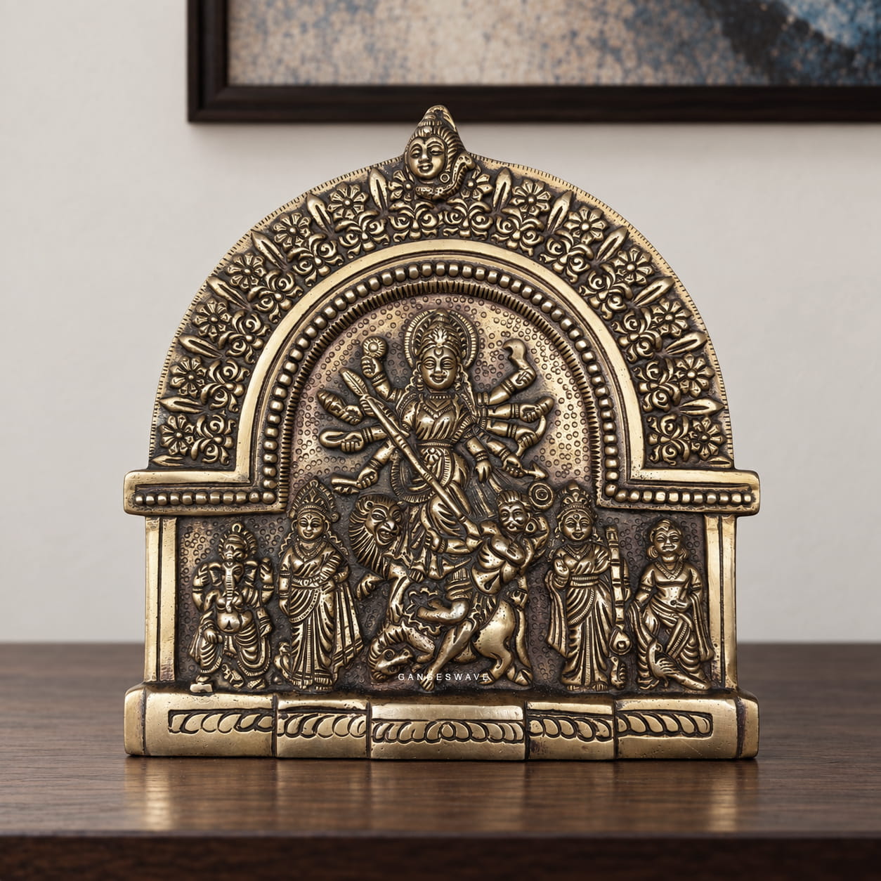 Brass Durga Family Panel with Maa Durga and divine family figures