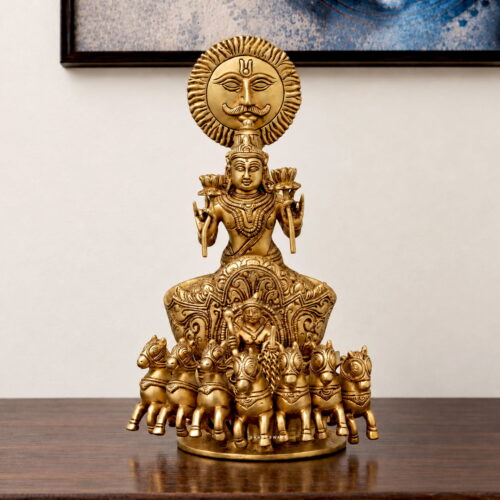 Brass Surya Dev Statue on Seven-Horse Chariot- 12 inches