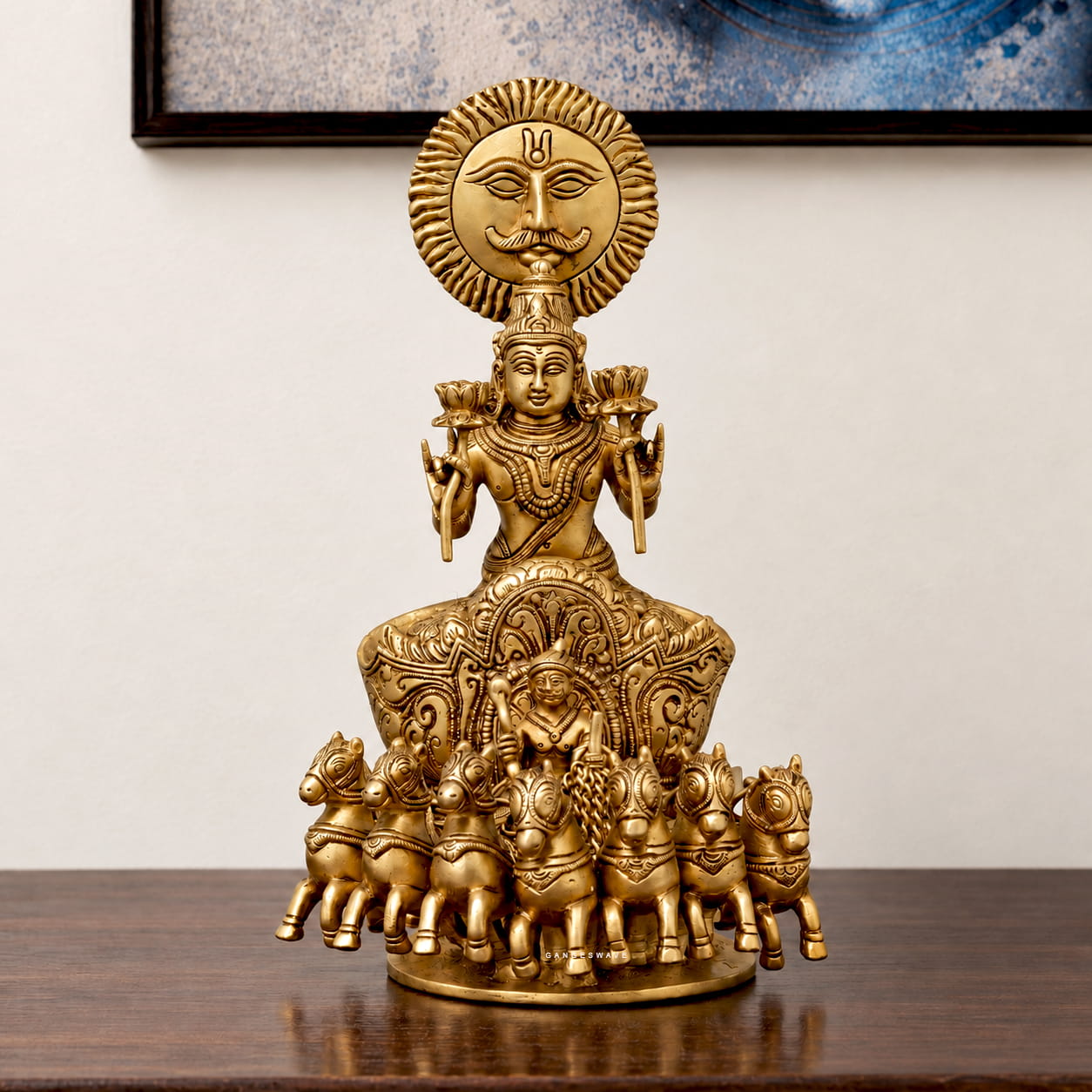 Brass Surya Dev Statue on Seven-Horse Chariot- 12 inches