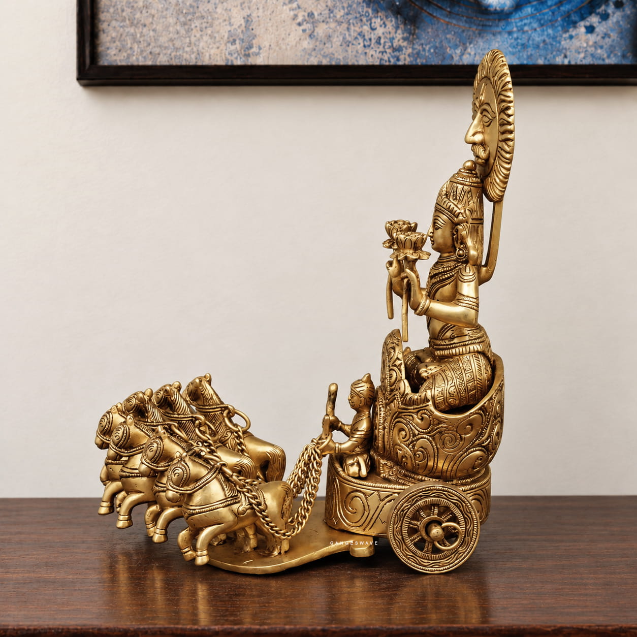 Brass Surya Dev Statue on Seven-Horse Chariot- 12 inches - Image 3