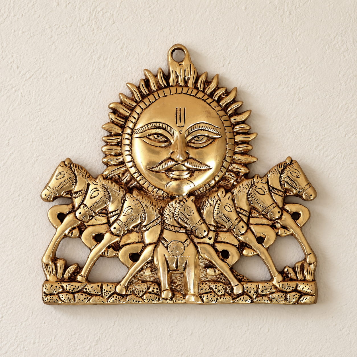 Brass Suryadev Wall Hanging with Seven Horses - 8 inches