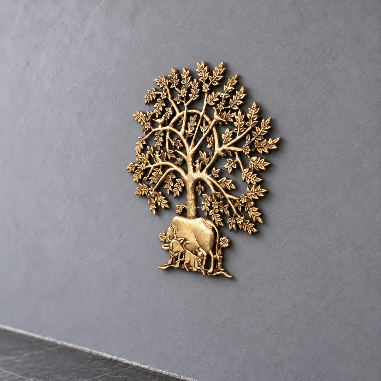 20 inches Brass Kalpavriksha with Cow Wall Art - Image 3