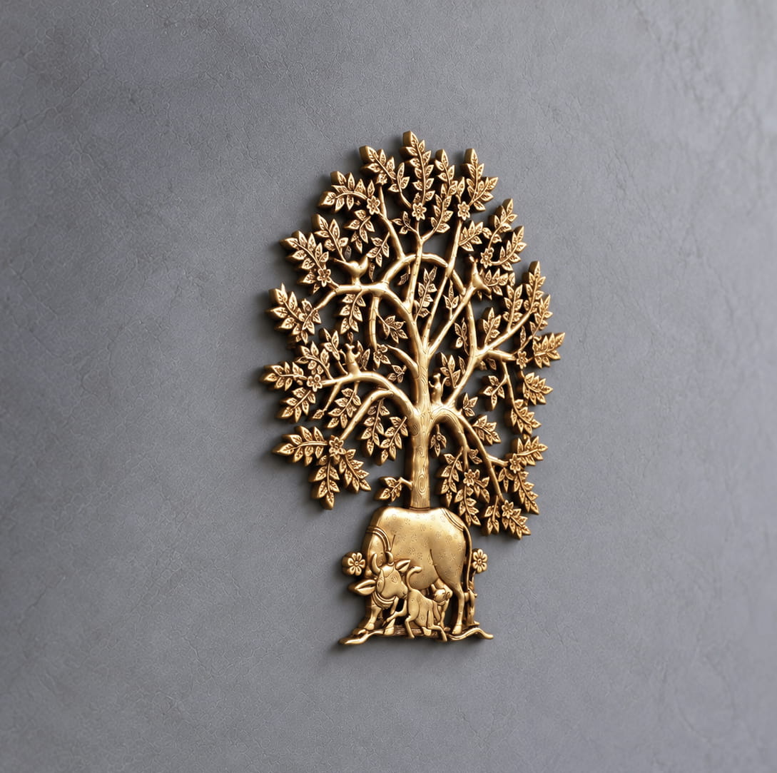 20 inches Brass Kalpavriksha with Cow Wall Art - Image 4