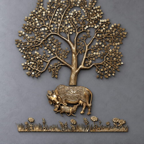 Brass Tree of Life wall sculpture featuring Kamadhenu cow and calf with decorative floral base