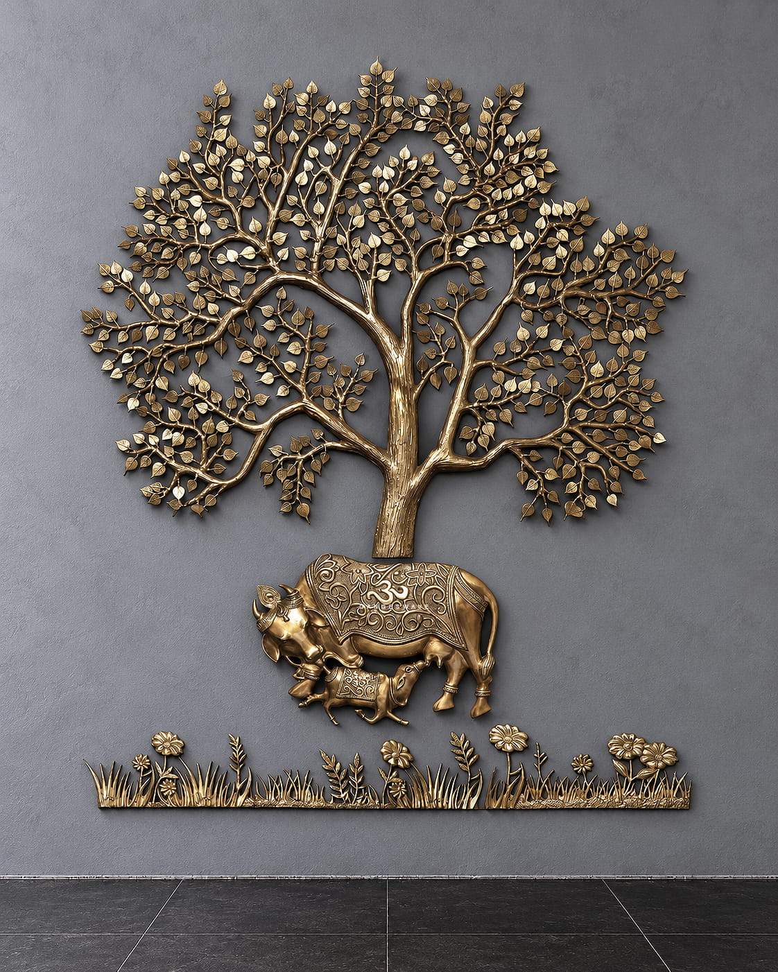 Brass Tree of Life wall sculpture featuring Kamadhenu cow and calf with decorative floral base