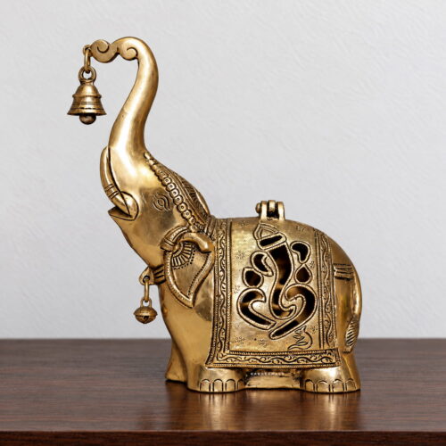 Handcrafted brass elephant incense burner with raised trunk, hanging bells and ornate decorative detailing