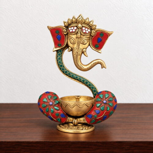 Artistic Ganesh Brass Diya with Meenakari Work- 9 inches