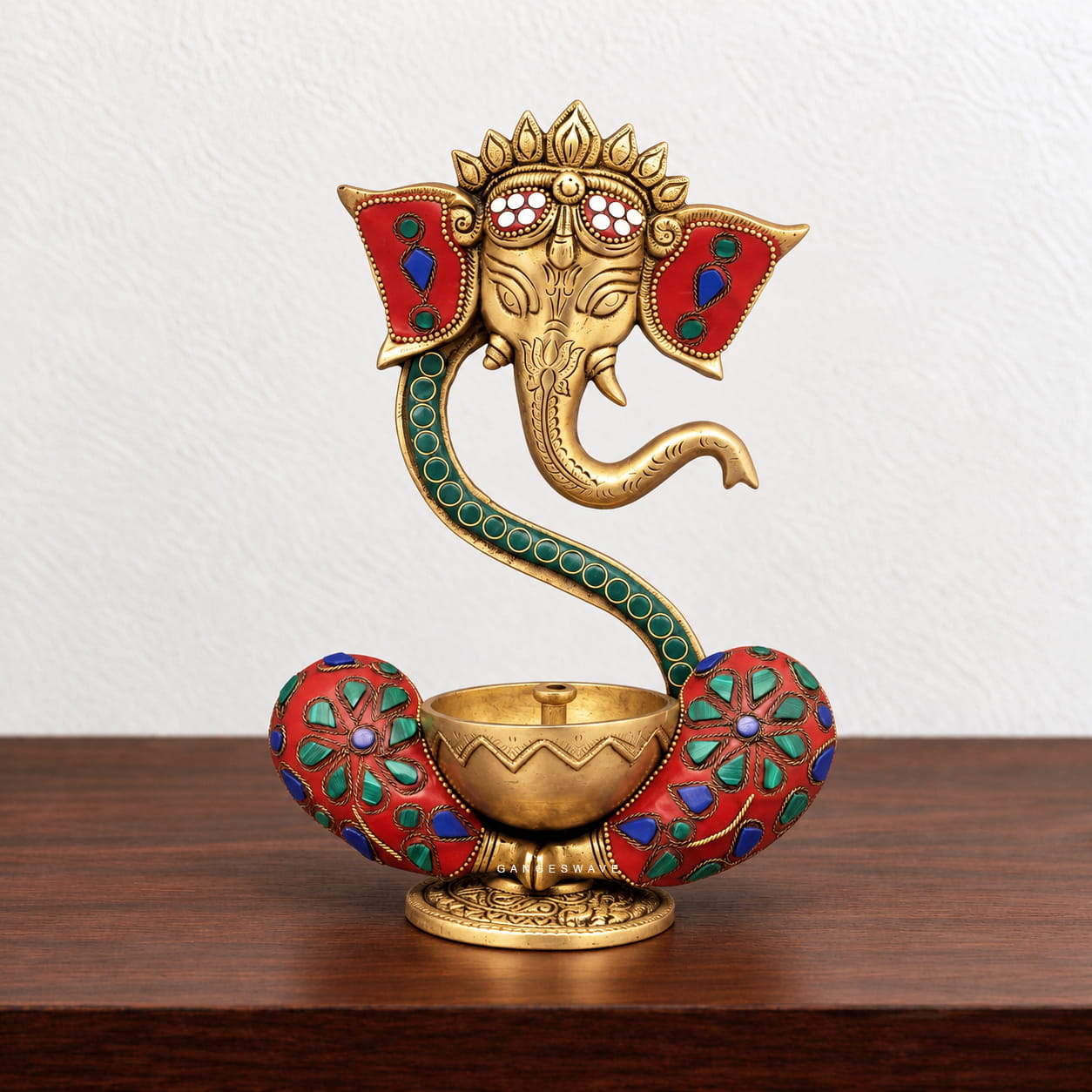 Artistic Ganesh Brass Diya with Meenakari Work- 9 inches