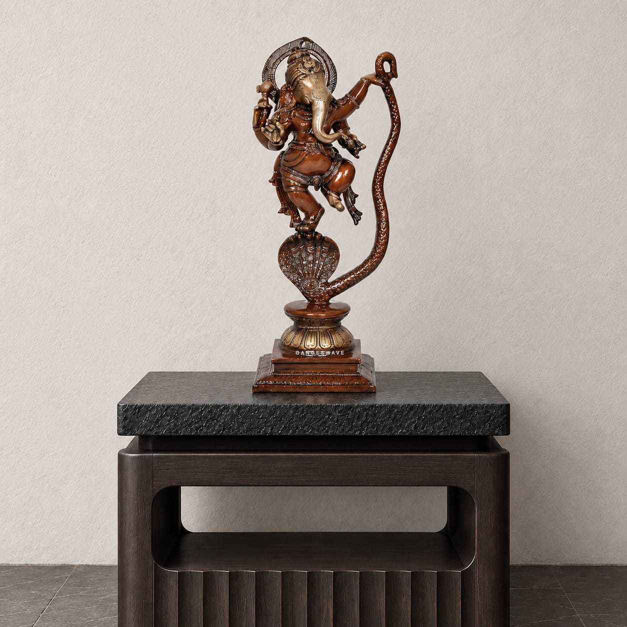 Ganesha Brass Statue Dancing on Serpent Shesha - 11 inches