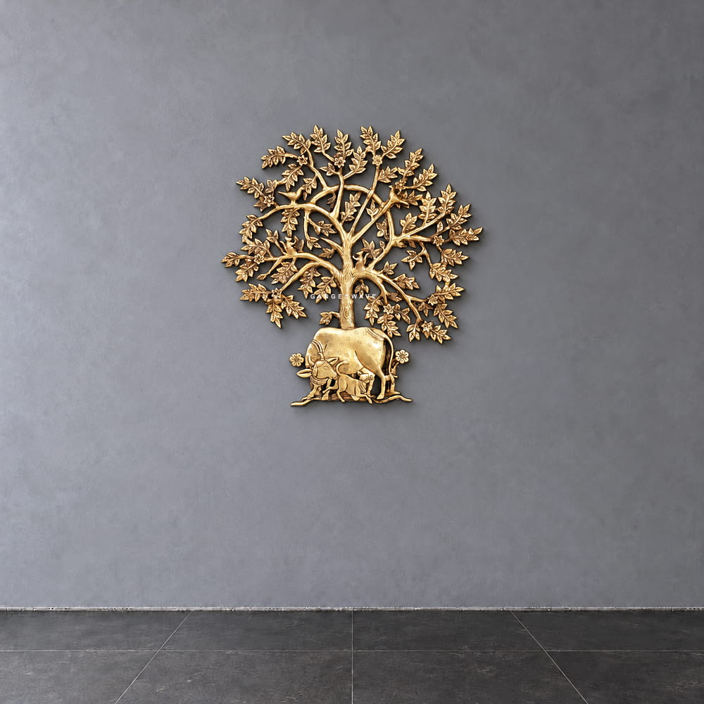 20 inches Brass Kalpavriksha with Cow Wall Art