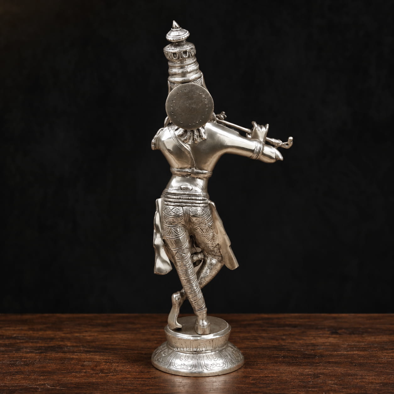 Silver-Plated Brass Krishna Statue Playing Flute - 23 inches - Image 4