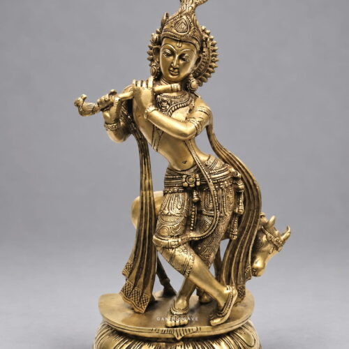 Krishna Playing Flute with Cow Brass Statue - 13 inches