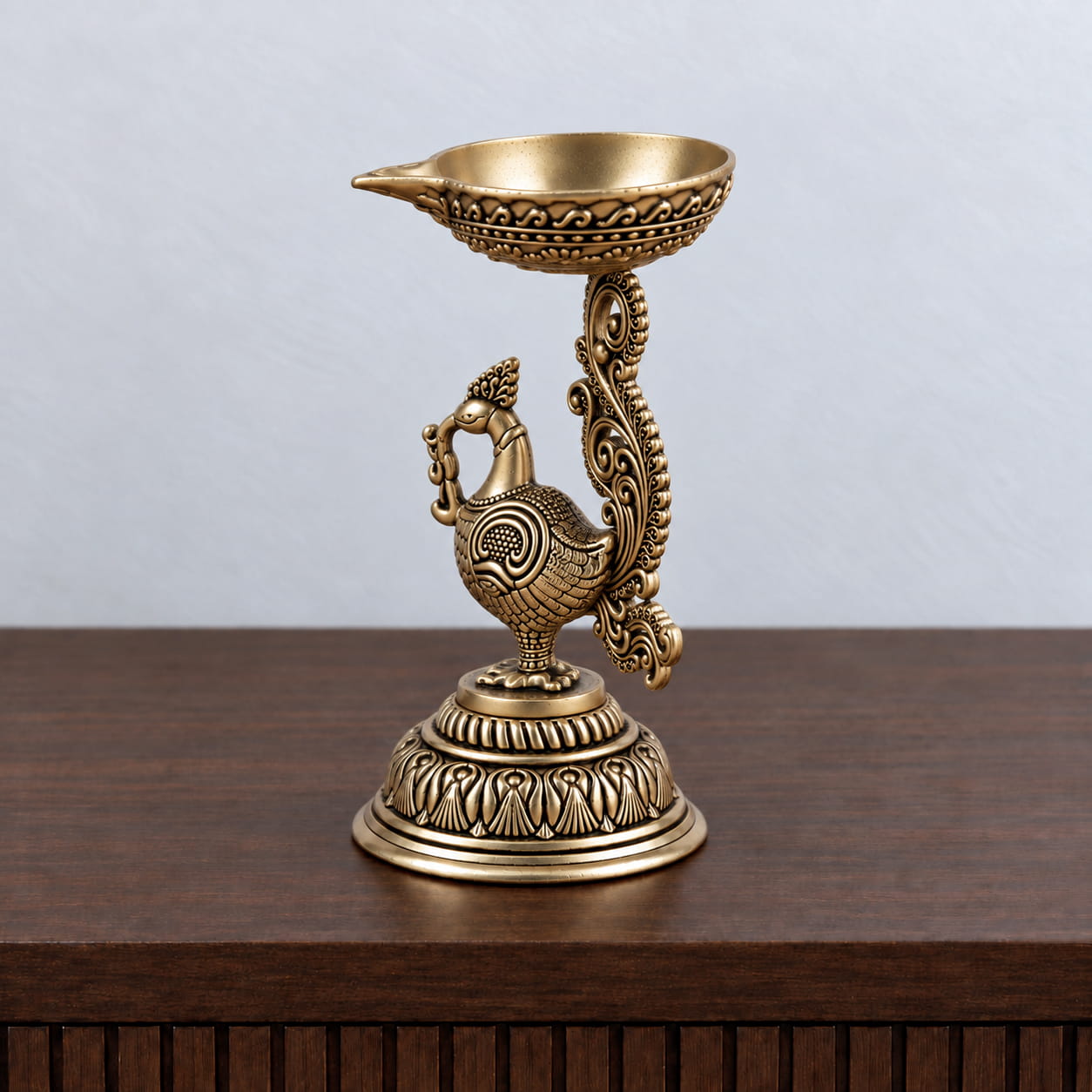 Peacock Brass Diya - 8 inches - Image 4