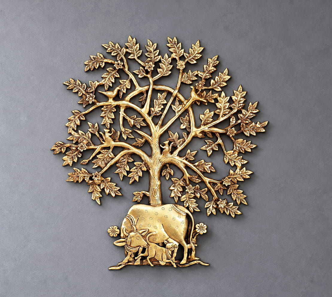 20 inches Brass Kalpavriksha with Cow Wall Art - Image 2
