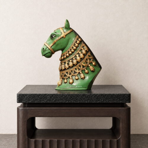 Brass Horse Head Figurine Decor Green Patina - 11 inches