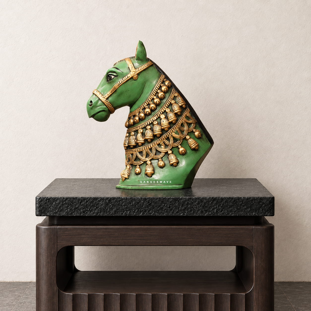 Brass Horse Head Figurine Decor Green Patina - 11 inches