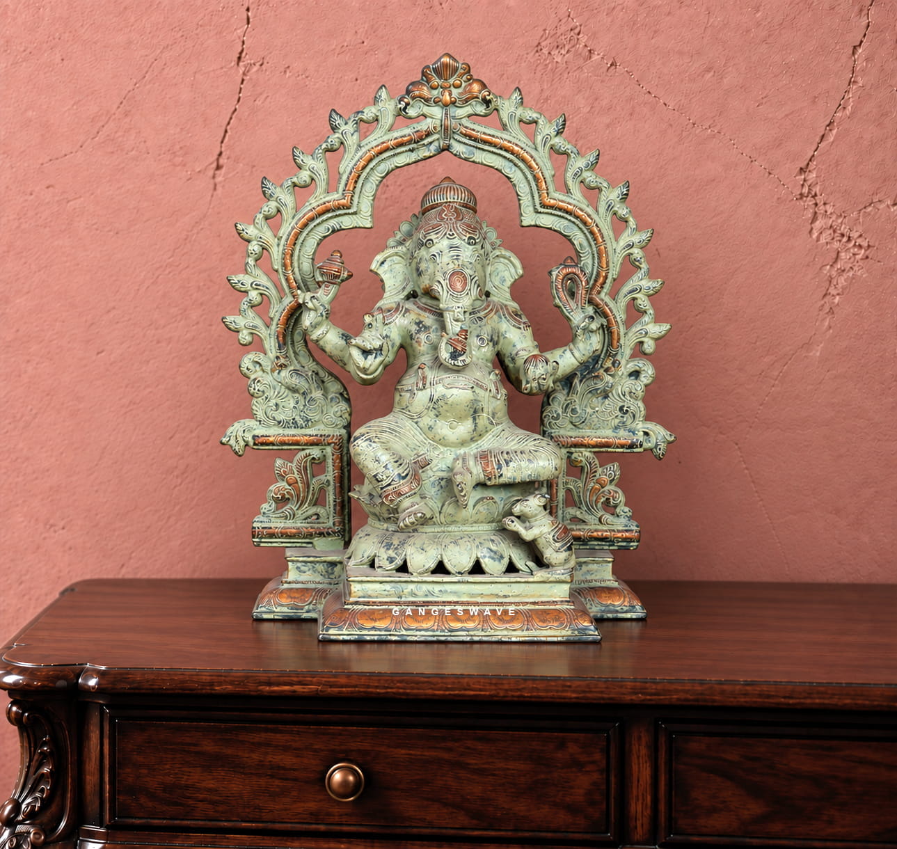 Antique Green Patina Brass Lakshmi Ganesha Statue Pair - 16 inches - Image 3