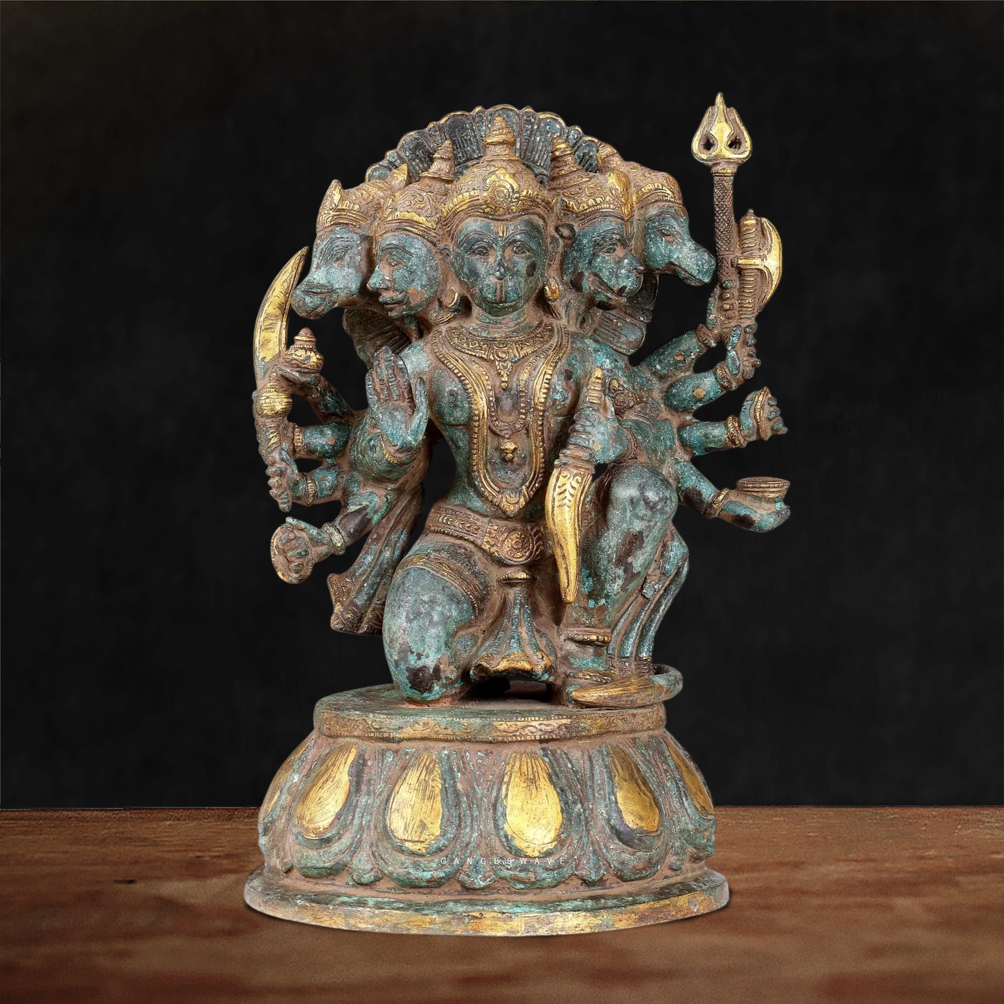 13 inches Brass Vintage Finish Panchmukhi Hanuman Idol