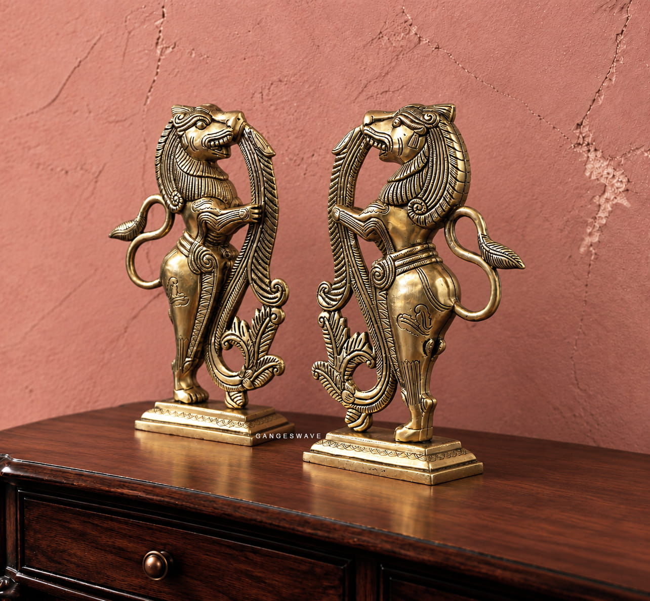 Vintage Finish Brass Yali Sculptures - 11 inches - Image 3