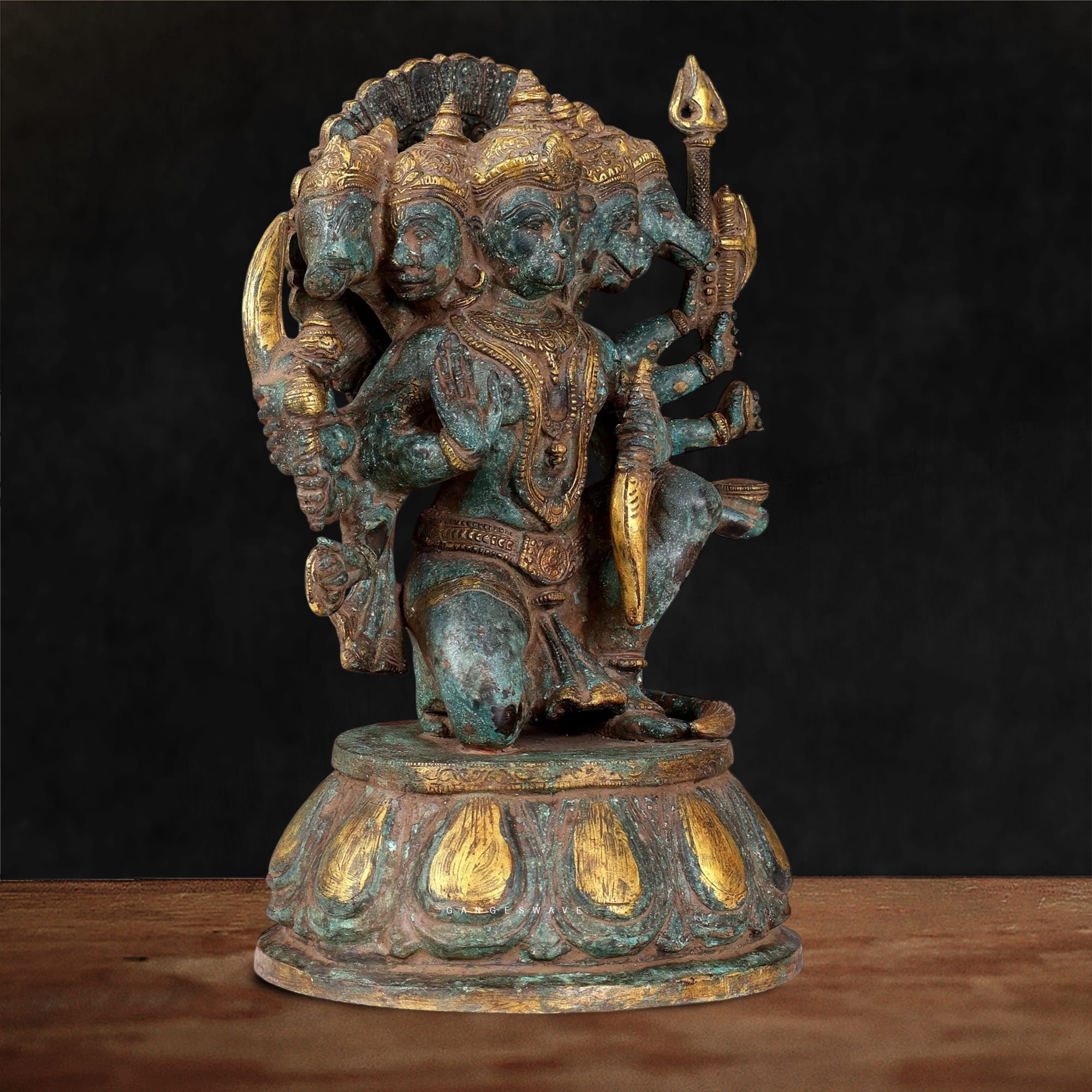 13 inches Brass Vintage Finish Panchmukhi Hanuman Idol - Image 4