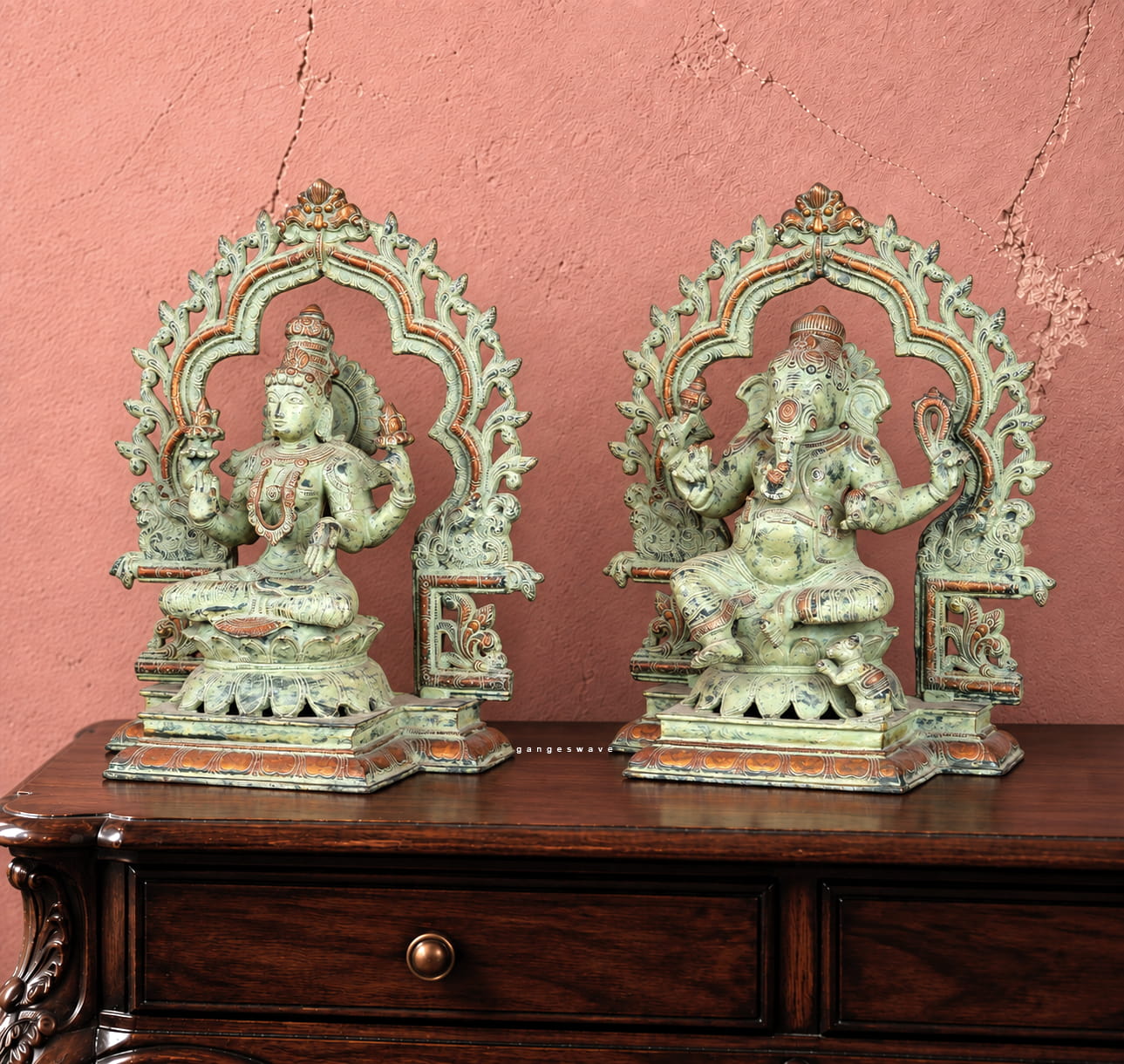 Antique Green Patina Brass Lakshmi Ganesha Statue Pair - 16 inches - Image 5