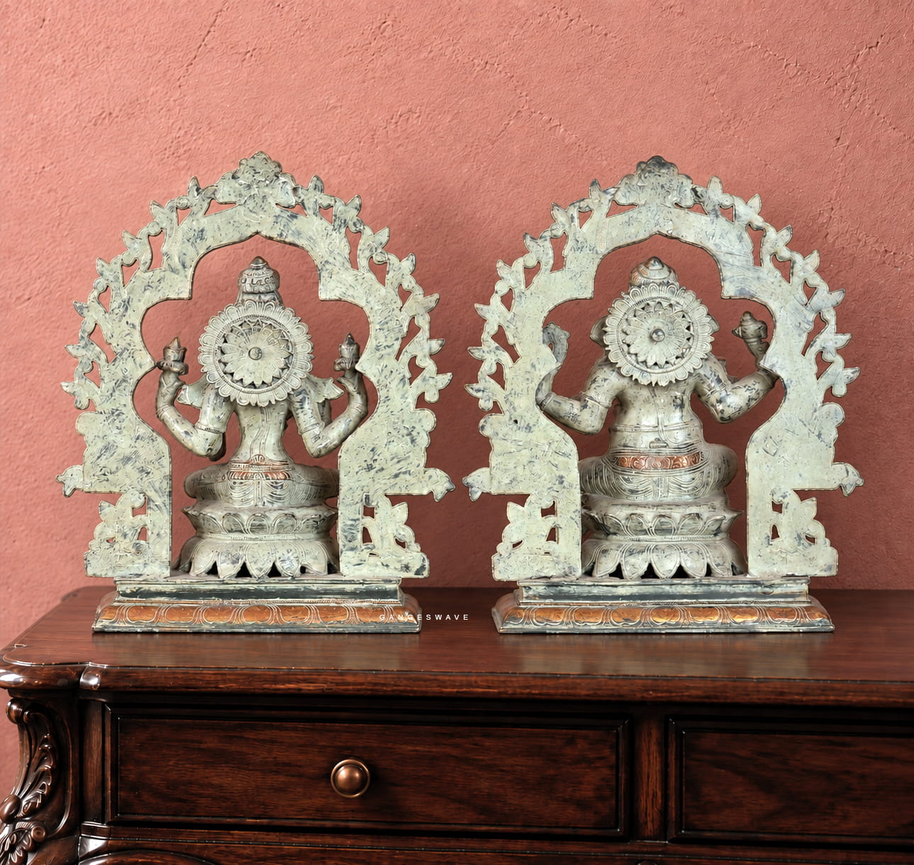 Antique Green Patina Brass Lakshmi Ganesha Statue Pair - 16 inches - Image 4